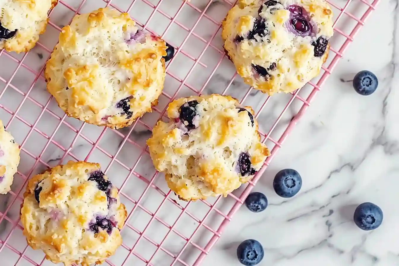3 ingredient cottage cheese blueberry biscuits on marble cooling rack